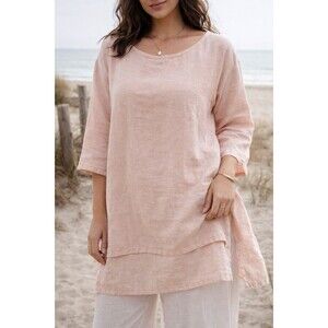 Match Point 100% linen Tunic Blouse Blush Pink Layered Hem Lagenlook  Boho